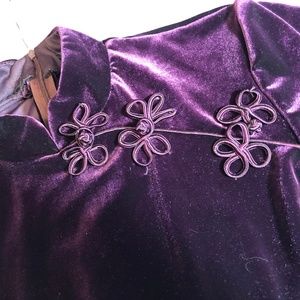 Elegant purple velvet:  long dress, high neck.